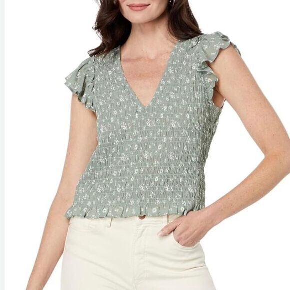 MADEWELL V-Neck Cottage Garden Smocked Lucie Top Green - 26W - Picture 2 of 16